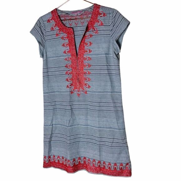 EUC Calypso St. Barth Blue Chambray Striped Ro Shift Dress XS - Picture 1 of 6